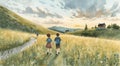 A serene watercolor painting depicts two children walking hand in hand along a winding Royalty Free Stock Photo